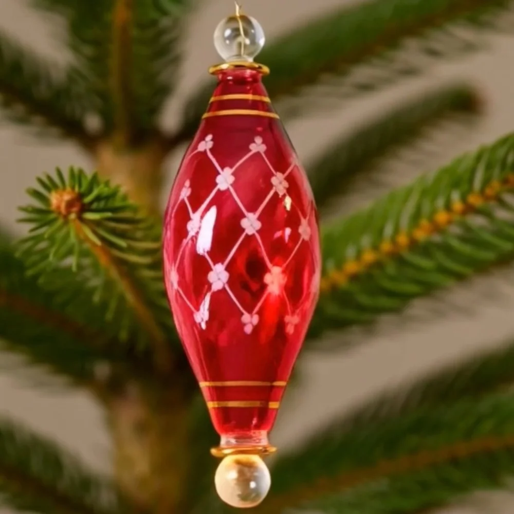 Vintage Egyptian Glass Teardrop Christmas Ornament Red & Gold Holiday Art Decor